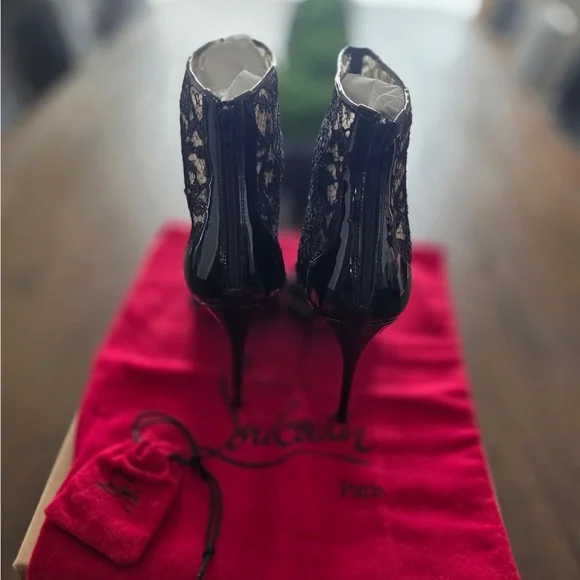 Christian Louboutin Black and Cream Lace Ankle Boots - Picture 4 of 7